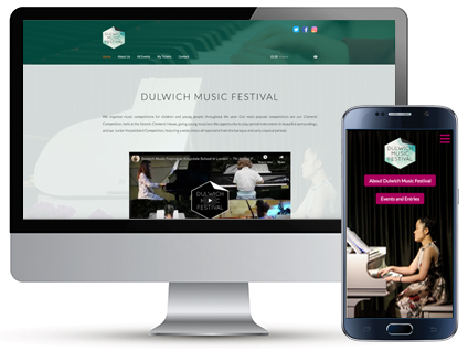 Desktop and mobile homepage for Dulwich Music Festival, a website designed by Red Balloon Web
