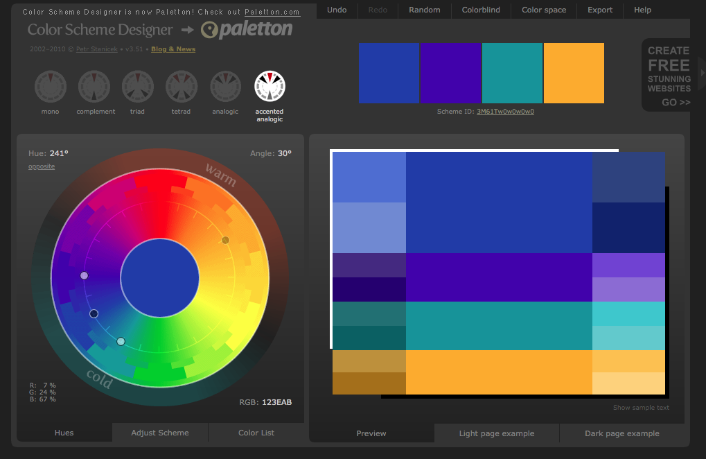 Colour scheme designer from Paletton, showing blue and orange colour scheme