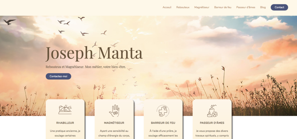 Frontpage of Joseph Manta website showing light orange and blue colour scheme