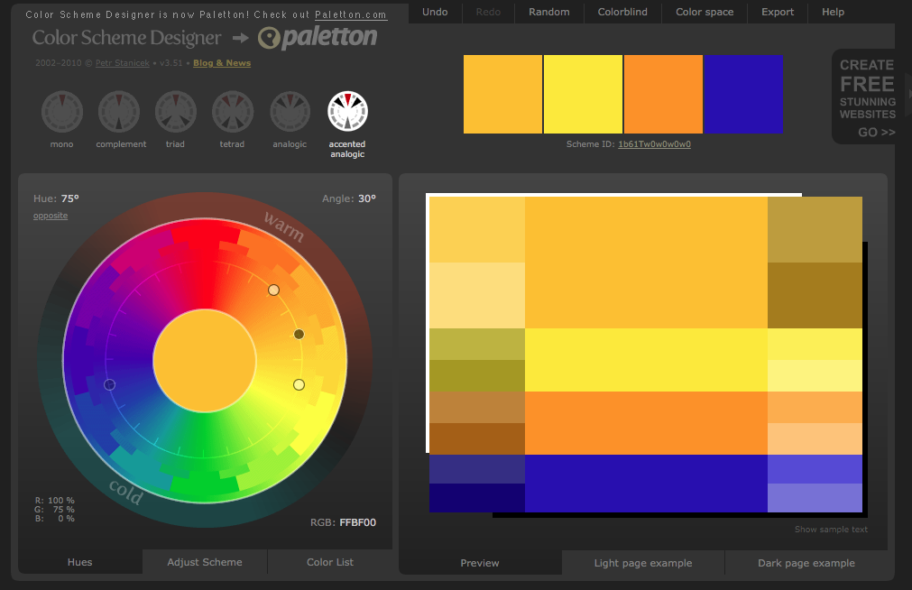 Scheenshot from Paletton colour scheme designer showing orange and blue colour scheme