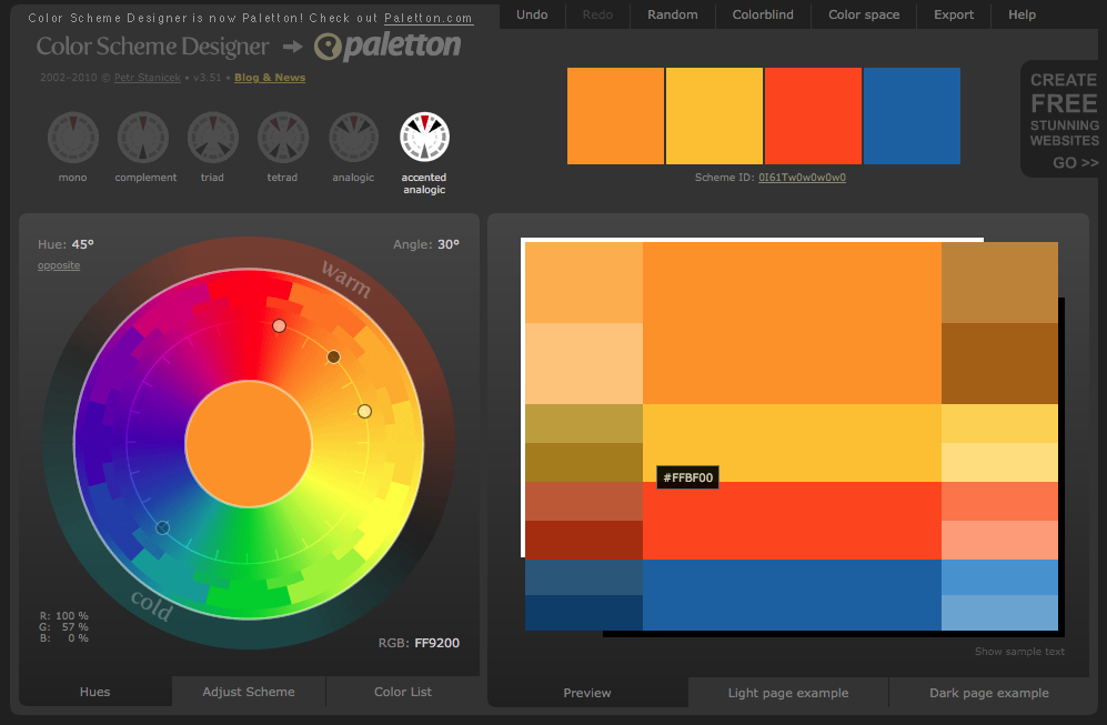 Screenshot from Paletton colour scheme designer showing orange, red and blue colour scheme