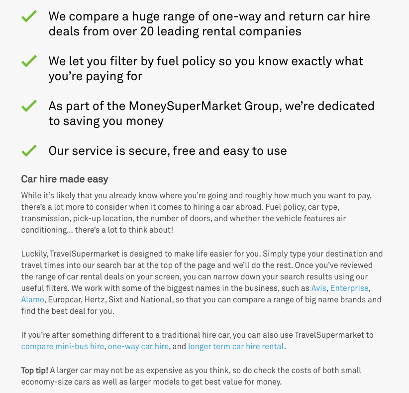 Screenshot from webpage showing several paragraphs of information about car hire