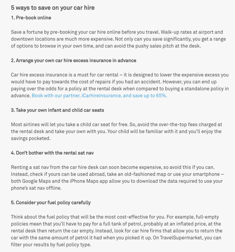 Screenshot from website with 5 tips for saving money when hiring a car