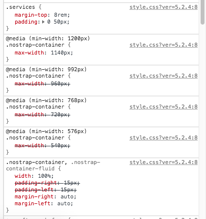 Screenshot from inspector showing bootstrap classes replaced with nostrap classes