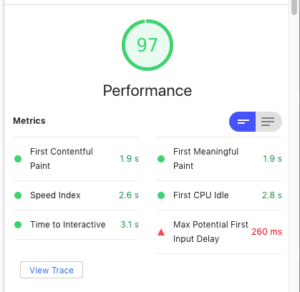 Screenshot showing 97% performance on Google lighthouse audit