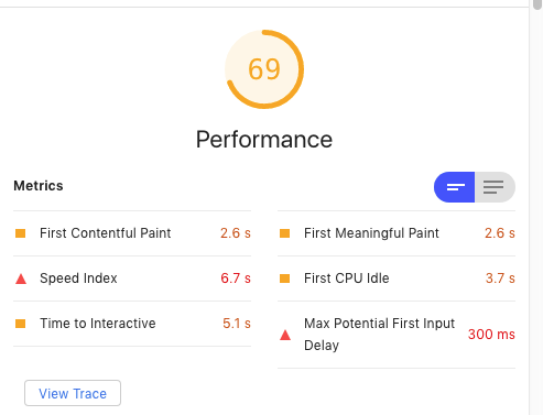 Screenshot of lighthouse audit showing performance at 69%