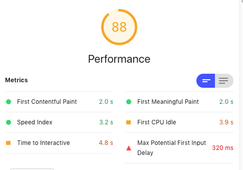 Screenshot of lighthouse audit showing performance at 88%