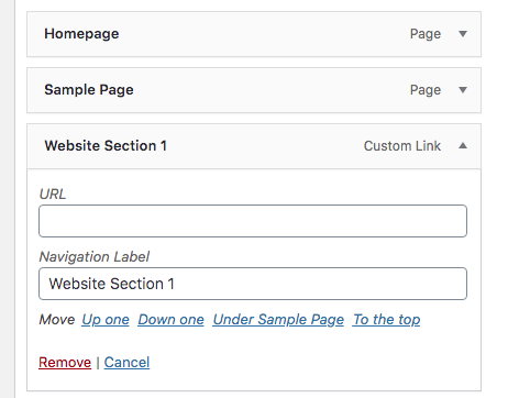 Close up of WordPress menu editor showing opened section