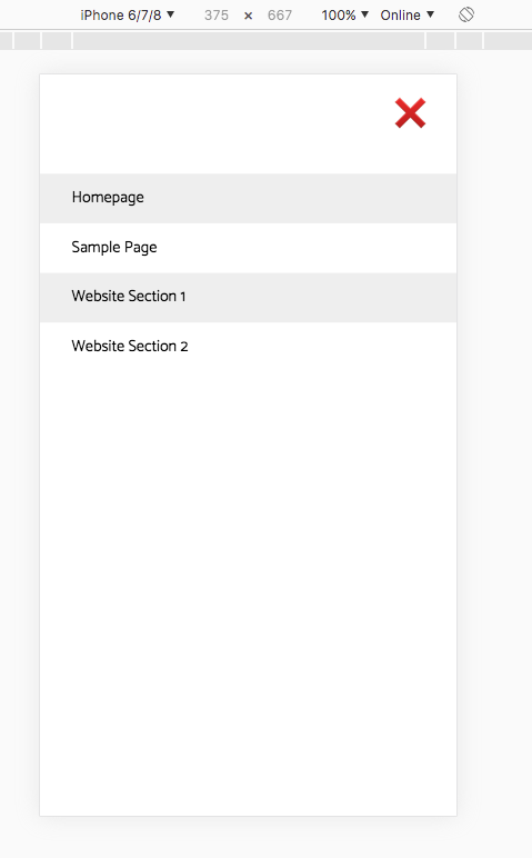 Screenshot of mobile website menu