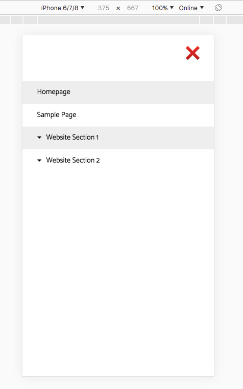 Screenshot of mobile website menu showing downwards arrows next to items with submenus