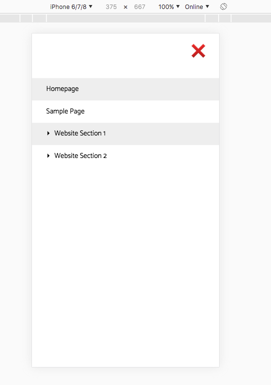 Screenshot of mobile website menu showing horizontal arrows next to menu items which have submenus