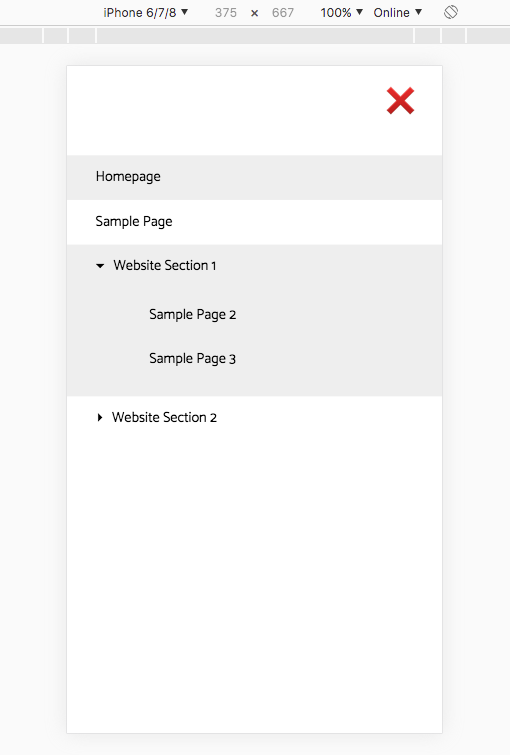 Screenshot of mobile website menu with opened submenus