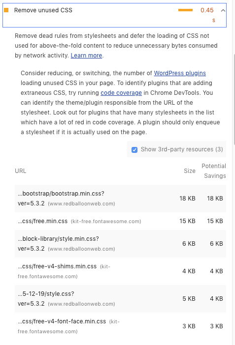 Screenshot from lighthouse audit saying to remove unused CSS