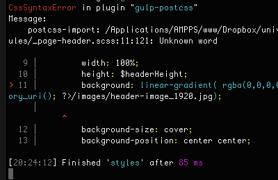 Screenshot showing Gulp throwing an error