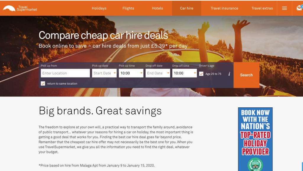 Travel Supermarket webpage showing car hire deals