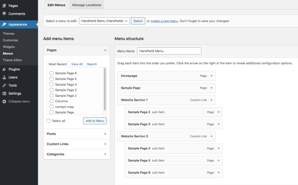 Screenshot of WordPress screen showing menu structure