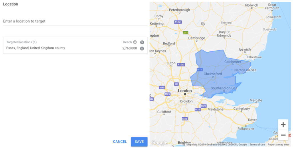 Screenshot showing Google keyword tool location setting