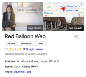 Google My Business listing for Red Balloon Web