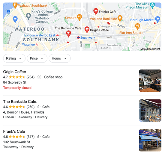 Screenshot of Google local pack for coffee shop