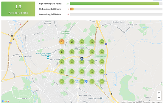 Local search grid with ranking positions overlaid over map